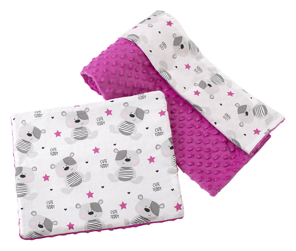 Medi Partners Quilt 75x100 + pillow 35x30 cotton + minky – Teddy + dark pink minky