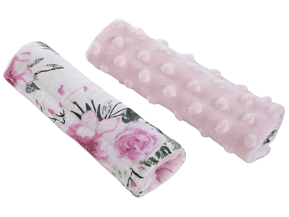 Medi Partners Stroller belt protectors (2 pcs.) cotton + minky – Flowers + pink minky