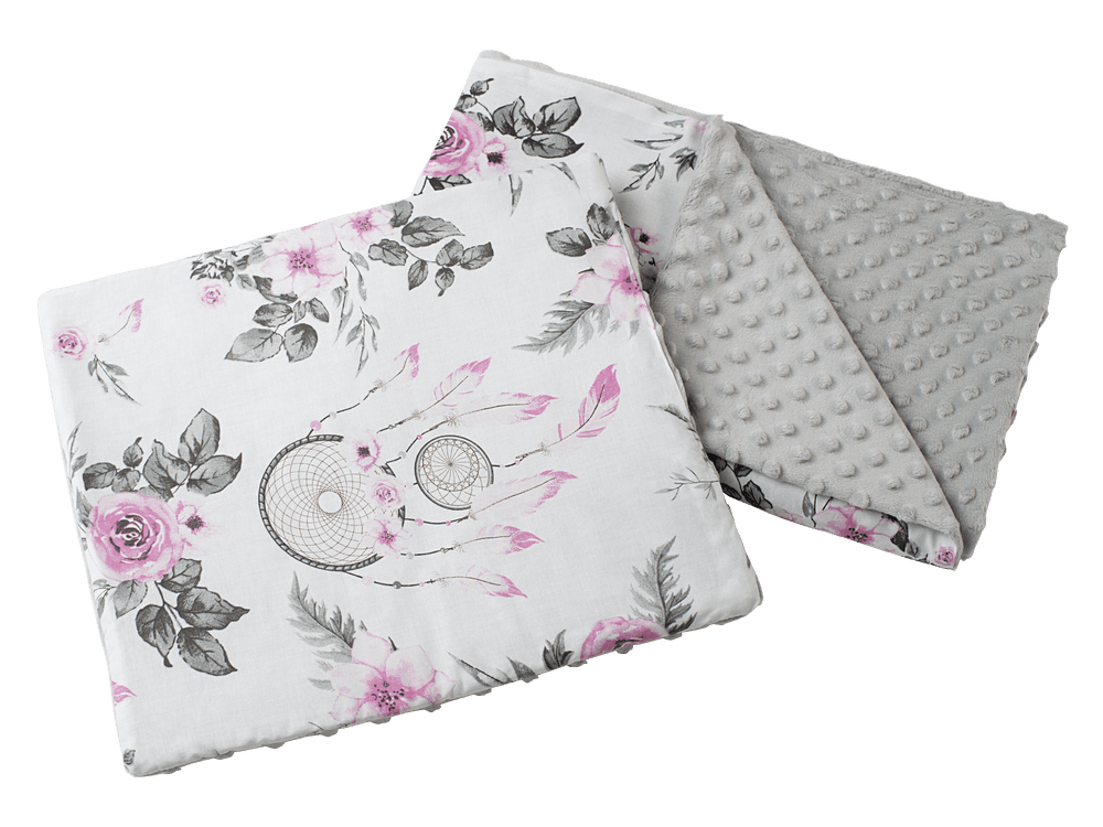 Medi Partners Quilt 55x75 + pillow 35x30 cotton + minky – Catchers with flowers + gray minky
