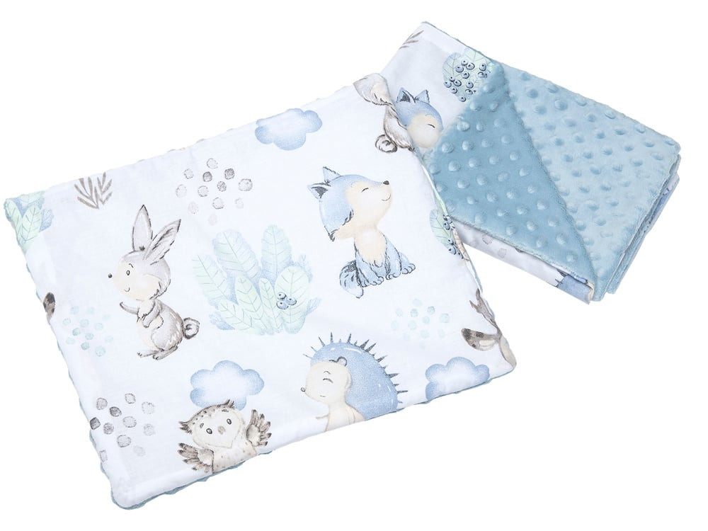 Medi Partners Quilt 55x75 + pillow 35x30 cotton + minky – deer and hedgehog + light blue minky