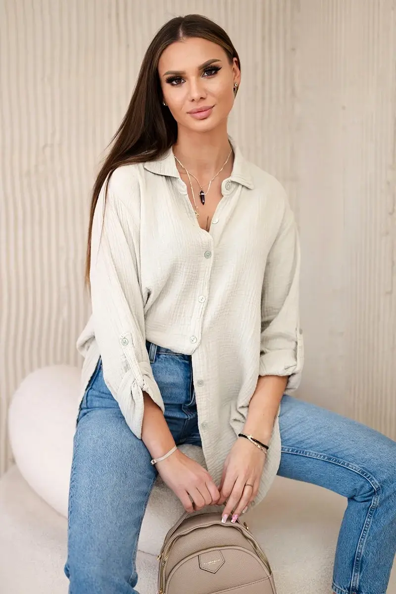 Kesi Włoski Bavlněná mušelínová košile oversize tmavě béžová