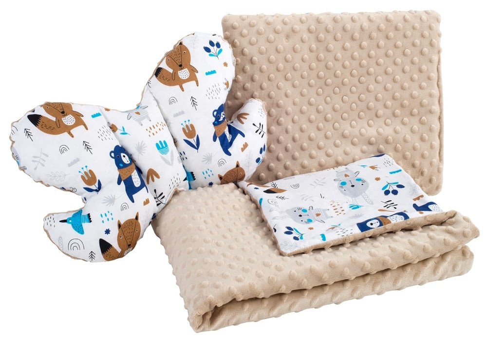 Medi Partners Quilt set with a stroller pillow + butterfly - Animals in the forest + beige minky