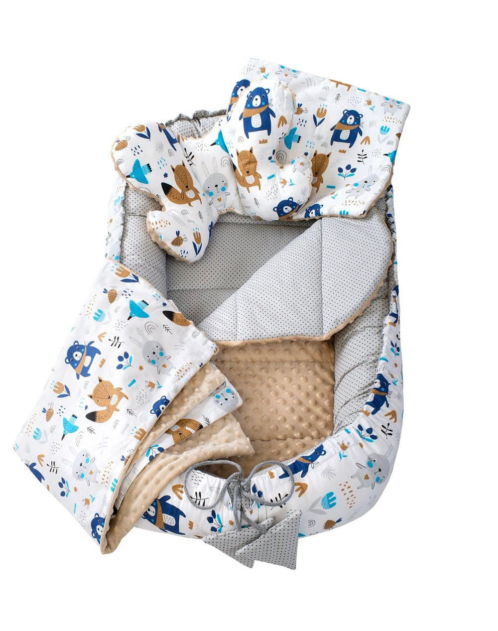 Medi Partners Cocoon in a 5-piece set (cocoon / insert / butterfly pillow / flat pillow / quilt 75x55) – Animals in the forest + beige minky