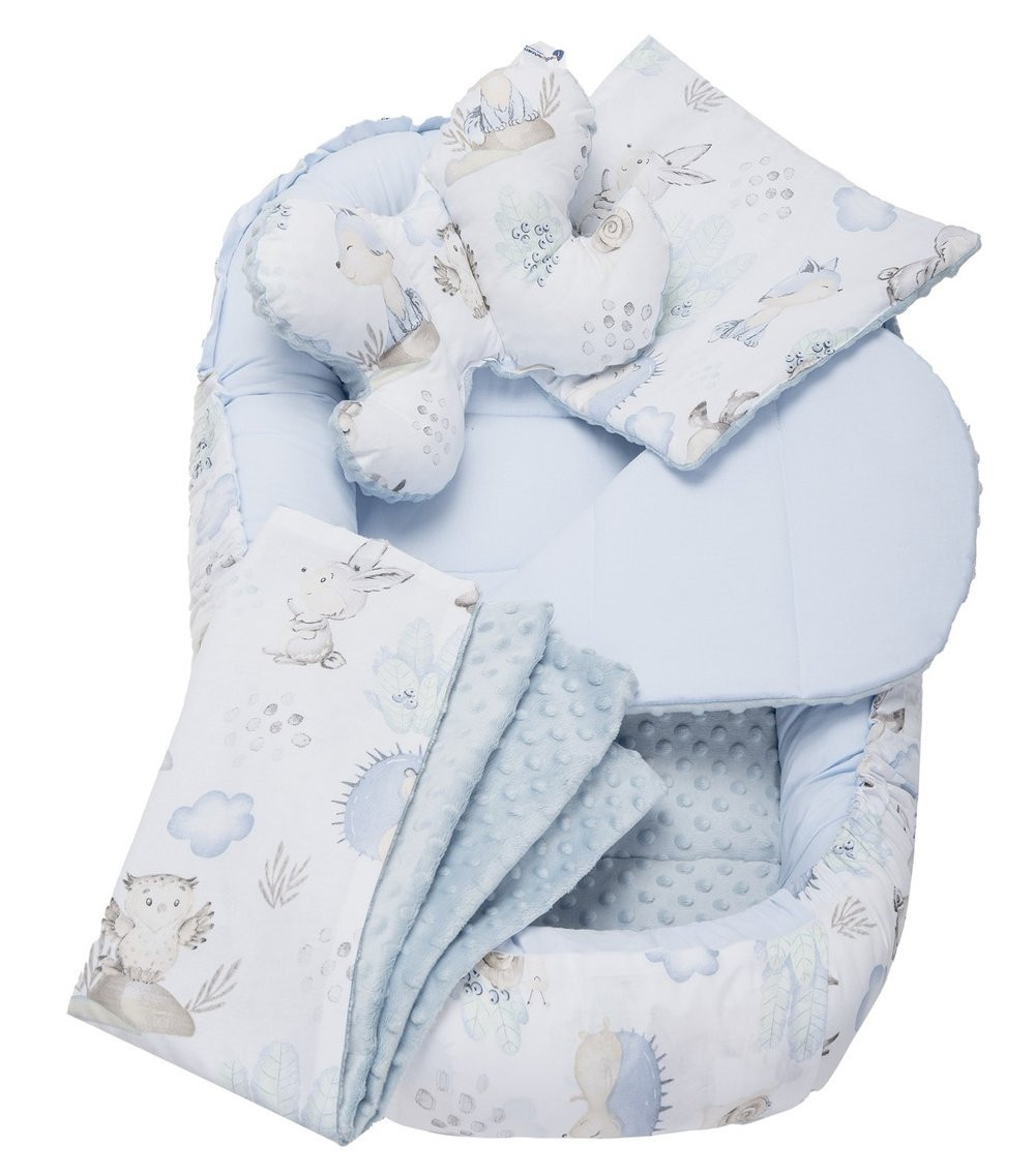 Medi Partners Cocoon in a 5-piece set (cocoon / insert / butterfly pillow / flat pillow / quilt 75x55) – Deer and hedgehog + light blue Minky