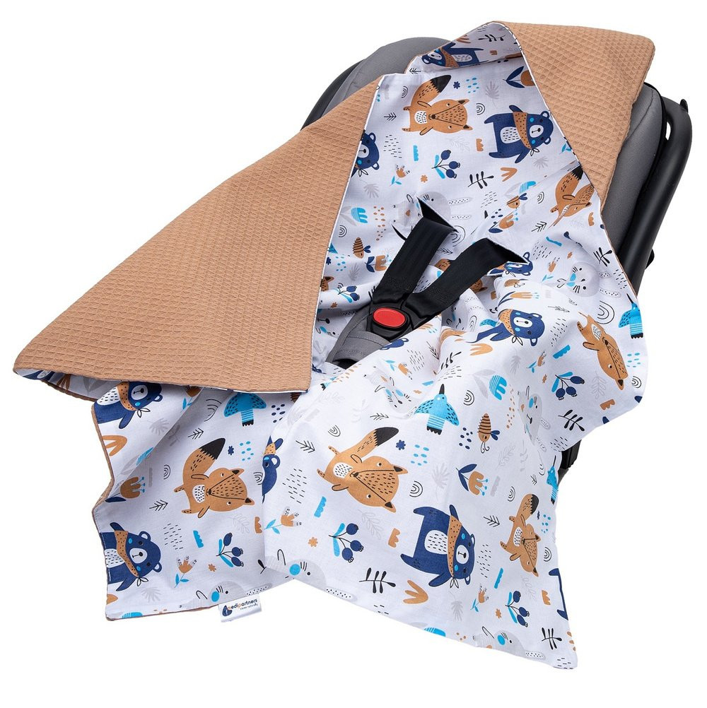 Medi Partners Baby carrier wrap – blanket with hood 85x85 cm – Wafel – Boho Animals + brown Wafel