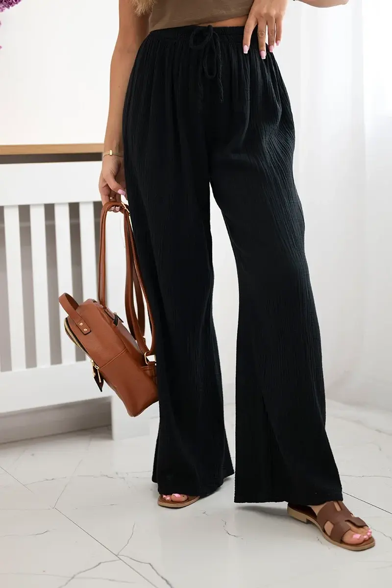 Kesi Włoski Mušelínové kalhoty se širokou nohavicí černý