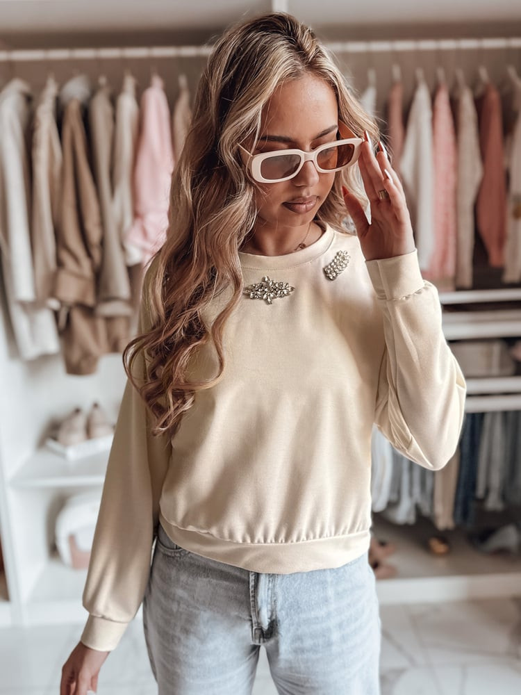 Bluzka damska one size z długi rękawem CRYSTALIA jasnobeżowa Dstreet