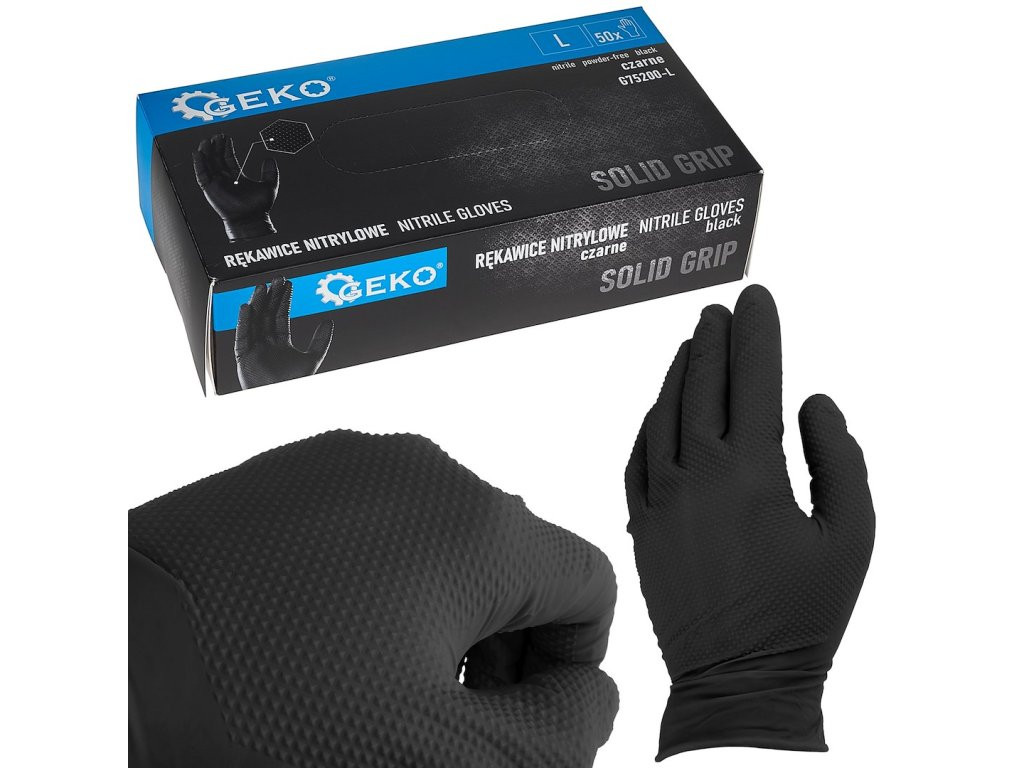 GEKO Nitrilové rukavice Solid Grip 3D, pevné, odolné chemikáliím, 50 ks, černé, velikost L