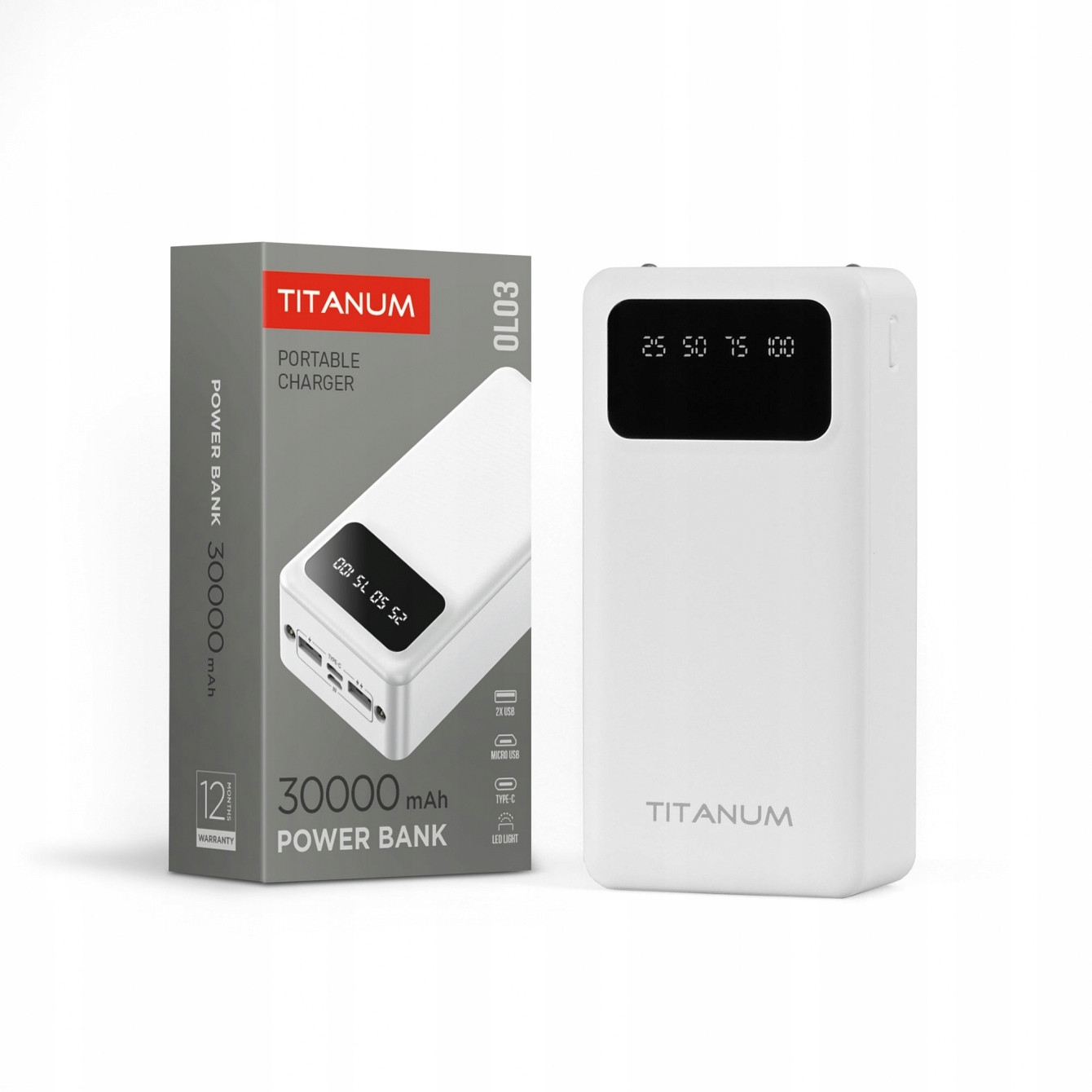 Powerbanka k telefonu prostorná Titanum 30000mAh bílá Usb Usb-c 2.1A 5V
