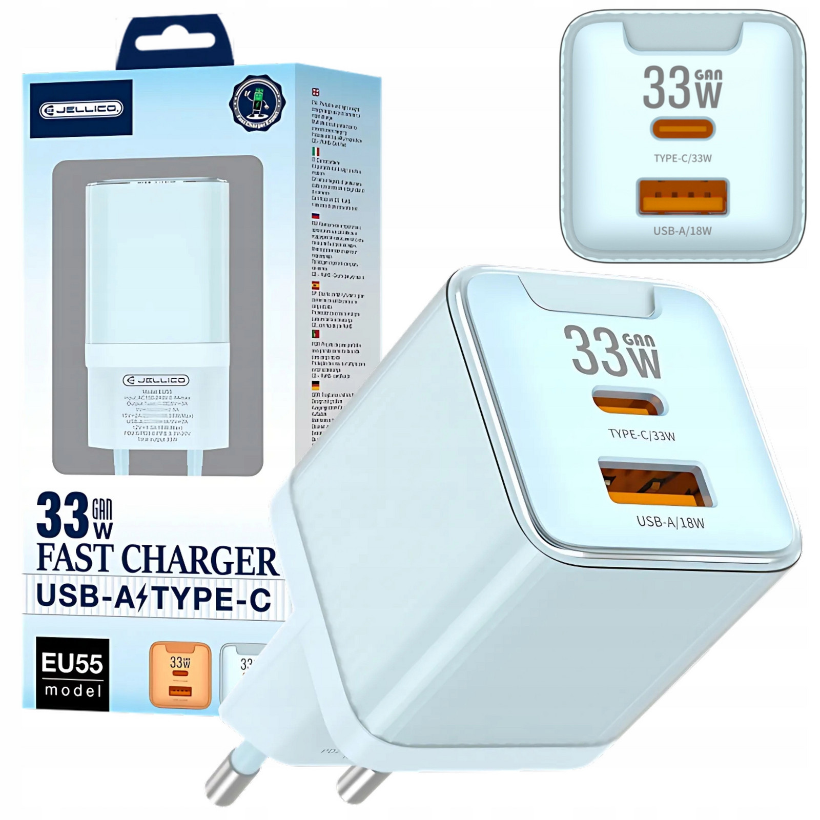 Nabíječka Do Sítě EU55 GaN Pd 33W 1x Usb-c 1x Usb modrá Kvalita