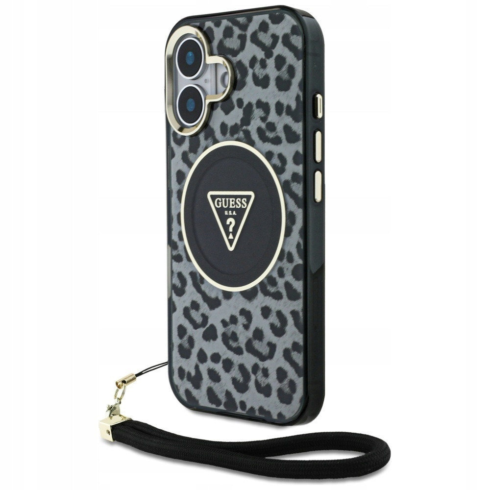 Pouzdro Guess Hc IML Leopard Triangle Cord Strap pro iPhone 16 MagSafe černý