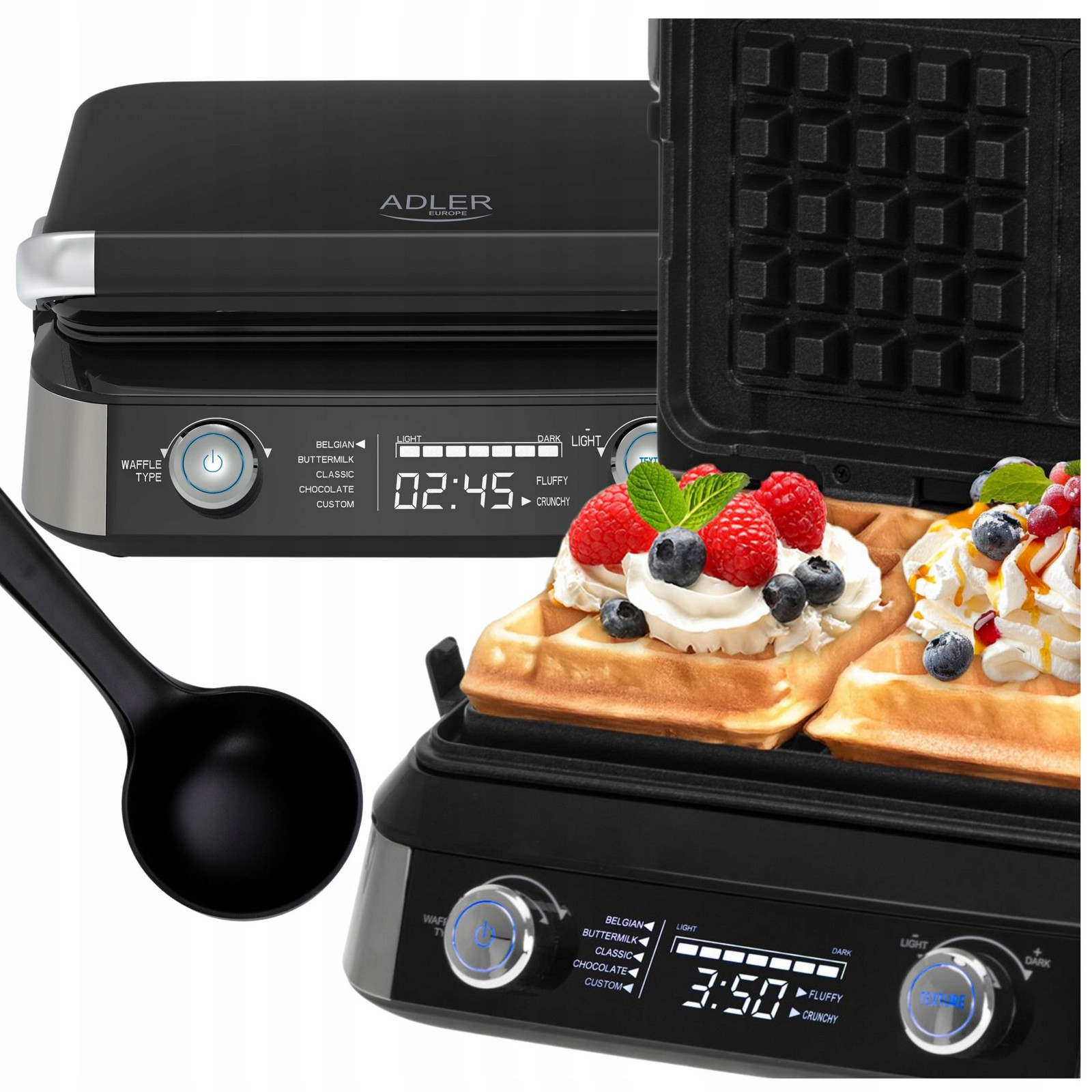 Vaflovač 2400W XXL na 2 Velké vafle 5 Programů Hluboké desky Nastavení
