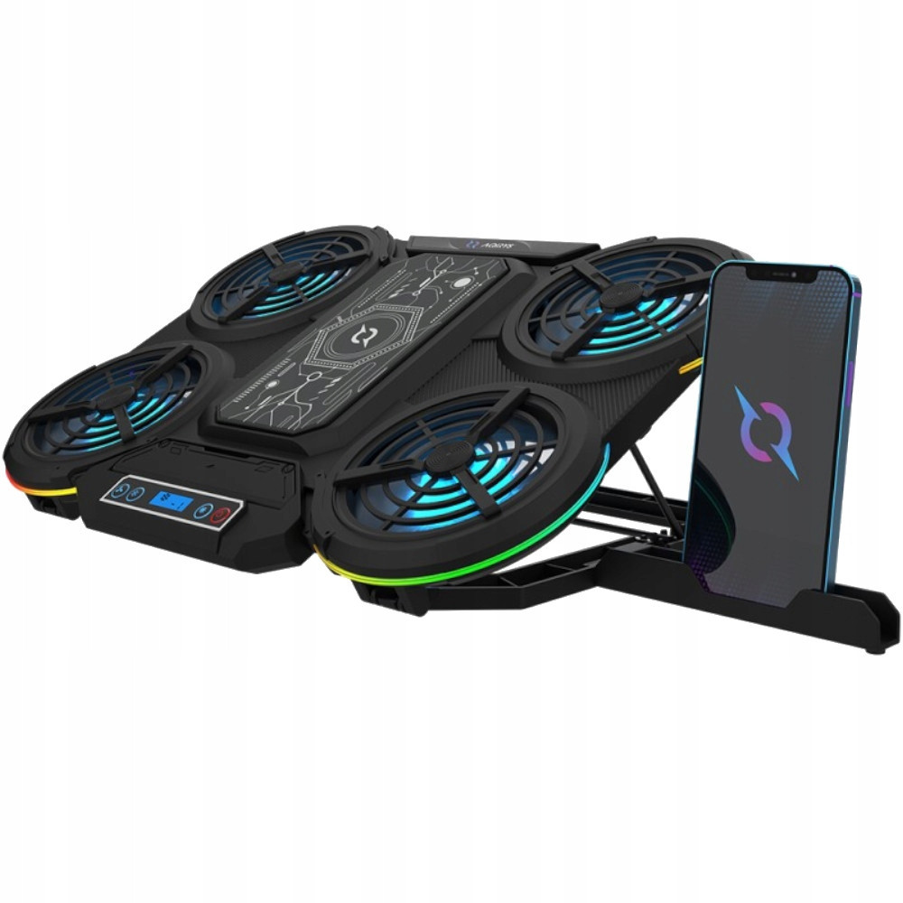 Chladící podložka pod notebook Aqirys Zenith, LCD Rgb, držák telefonu