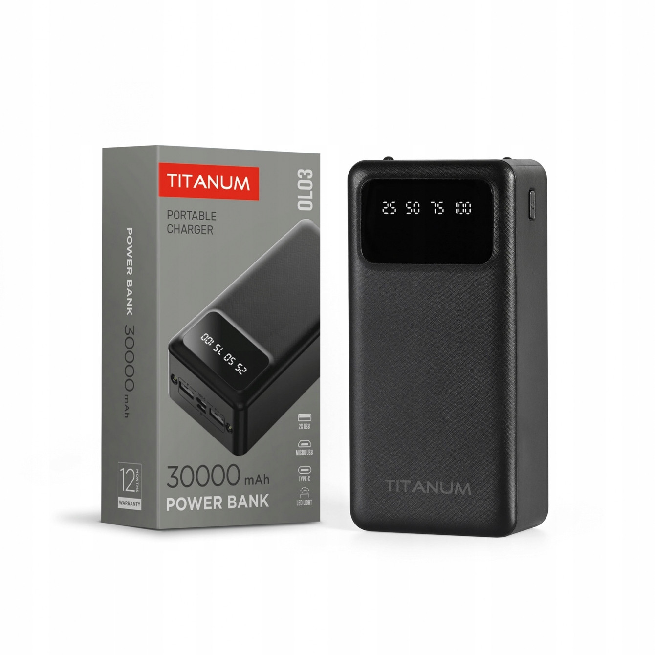 Powerbanka k telefonu prostorná Titanum 30000mAh černá Usb Usb-c 2.1A 5V