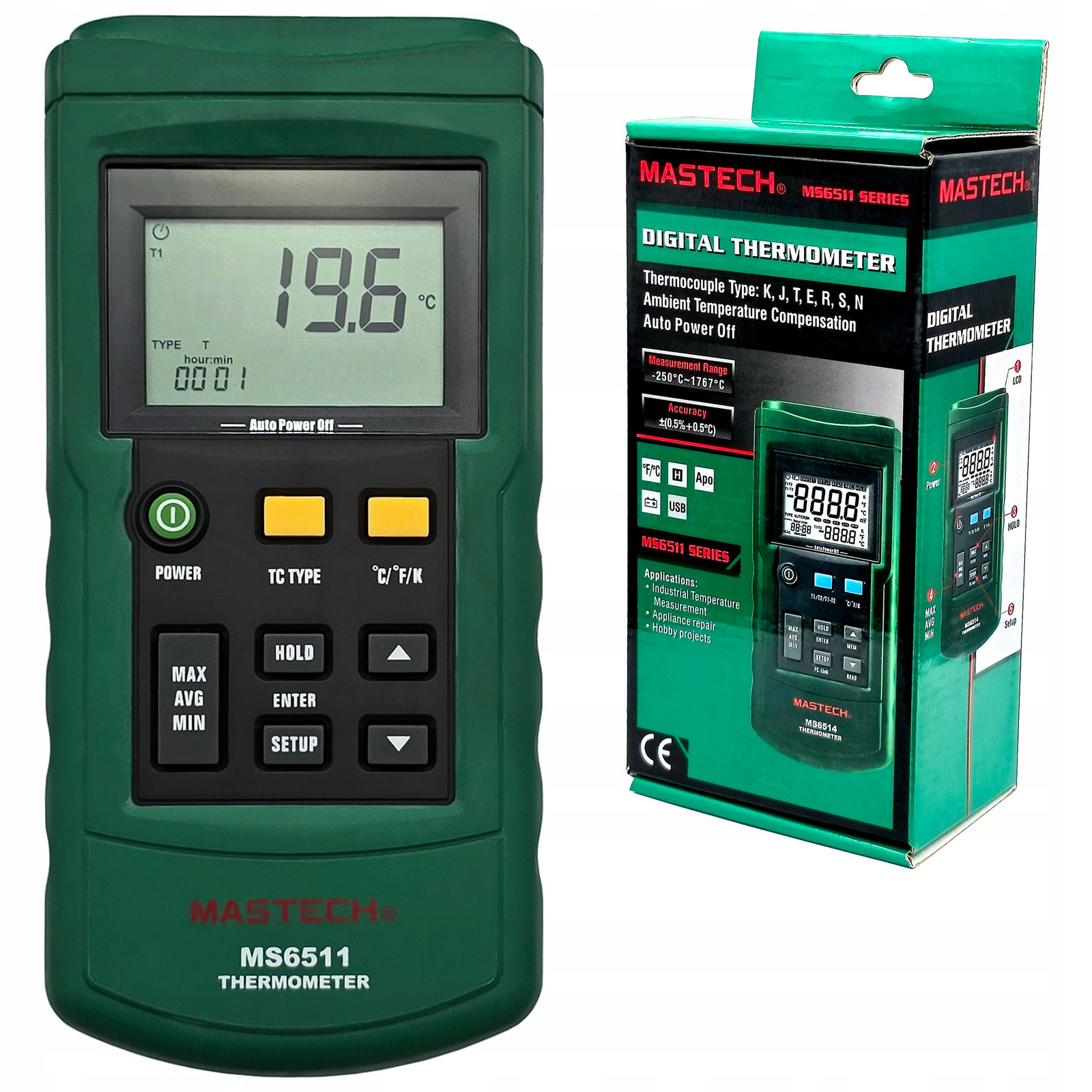 Jednokanálový měřič teploty Mastech MS6512 se sondou termočlánek K