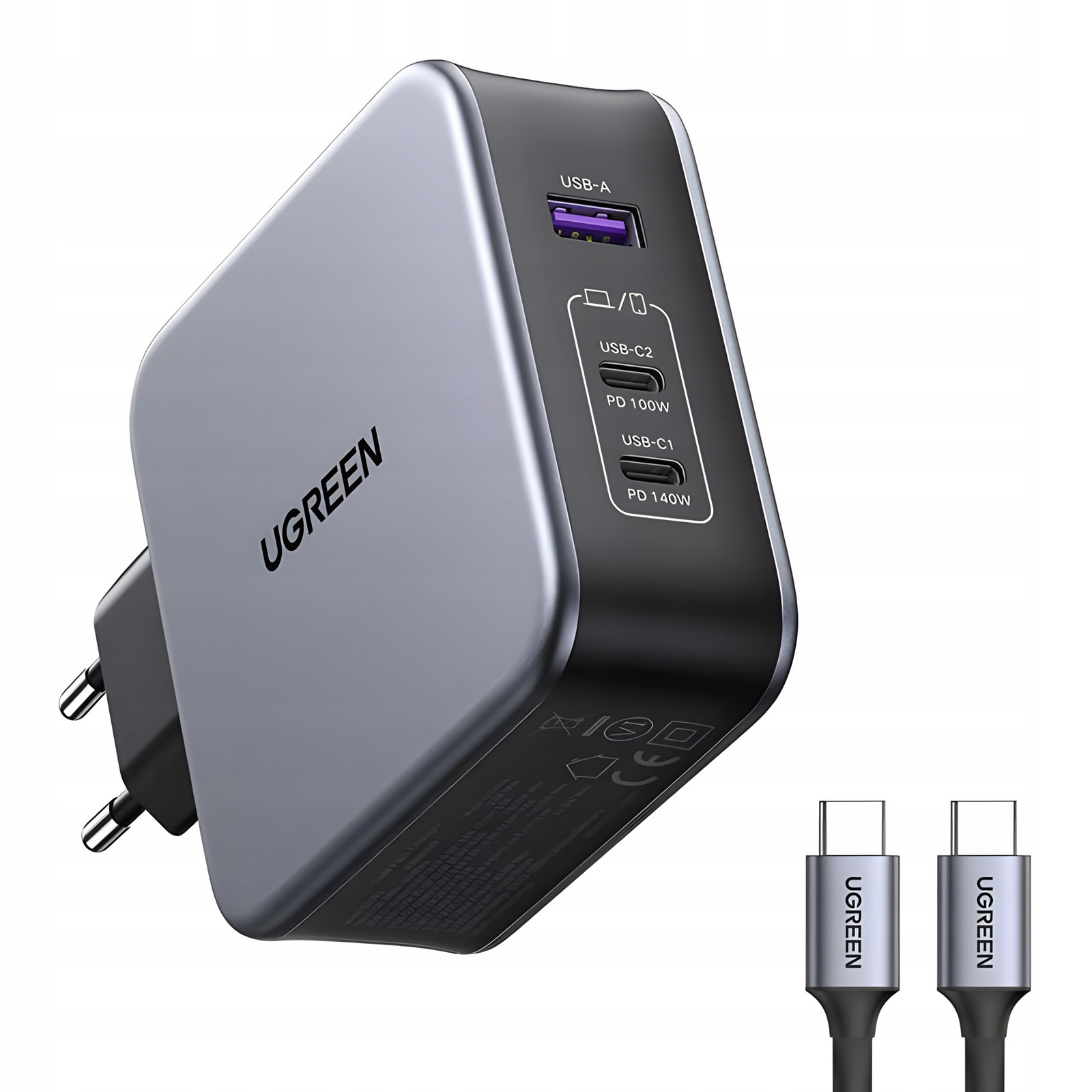 Ugreen Síťová nabíječka Napájecí adaptér pro telefon GaN 2x Usb-c Usb-c kabel