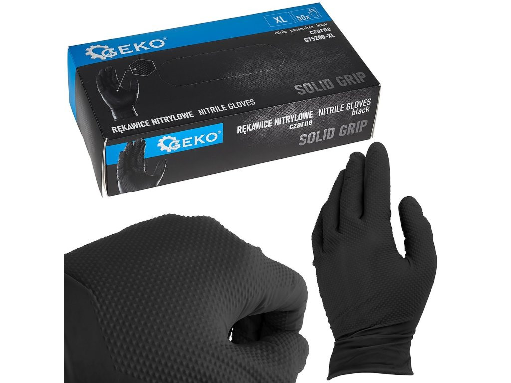GEKO Nitrilové rukavice Solid Grip 3D, pevné, odolné chemikáliím, 50 ks, černé, velikost XL