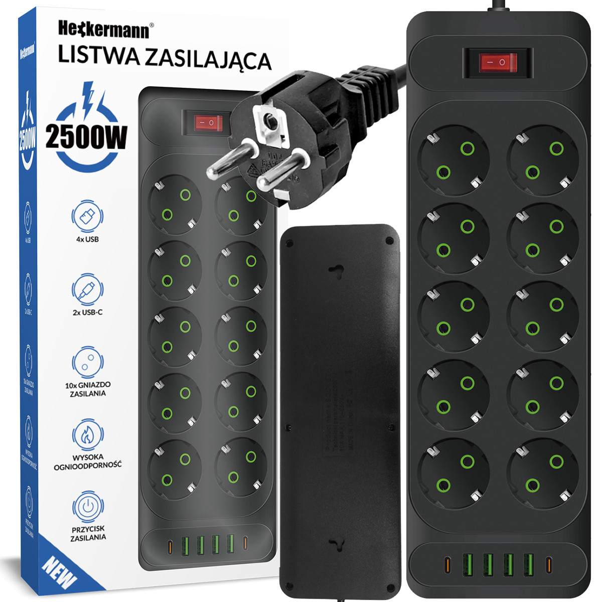 Zásuvková Lišta Prodlužovací 2500W S QC3.0 6x Usb Usb-c