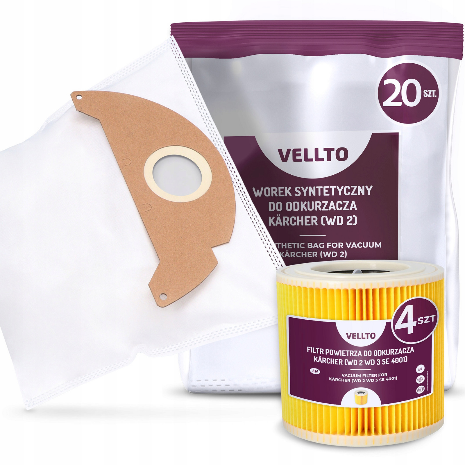 20x Sáček do Vysavače Kärcher WD2 MV2 A2054 A2004 SE2001 SE3001 4x Filtr
