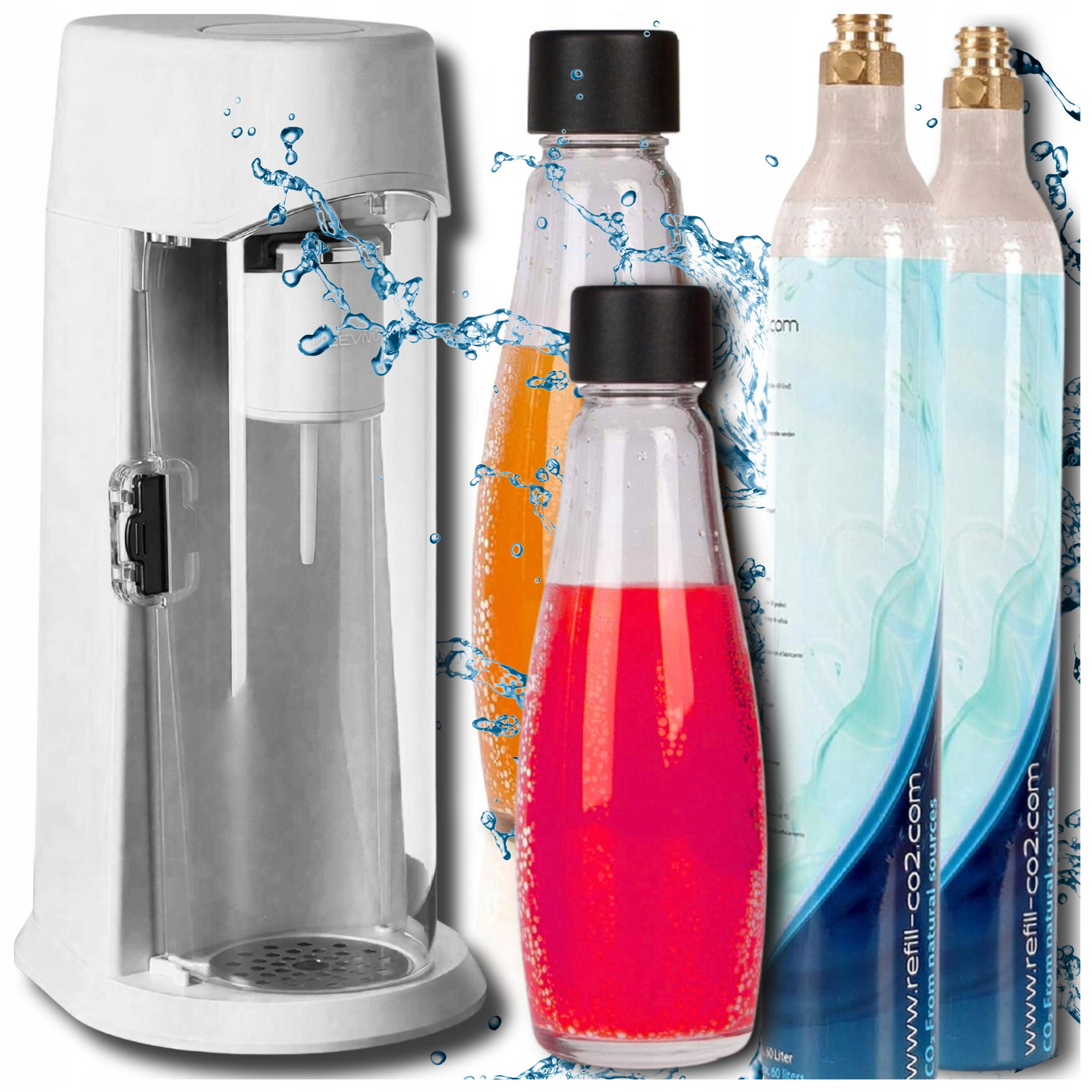 Výrobník Sody Sifon na plynování vody Bílý+ 2xSKLENĚNÁ Láhev +2xVÁLEC