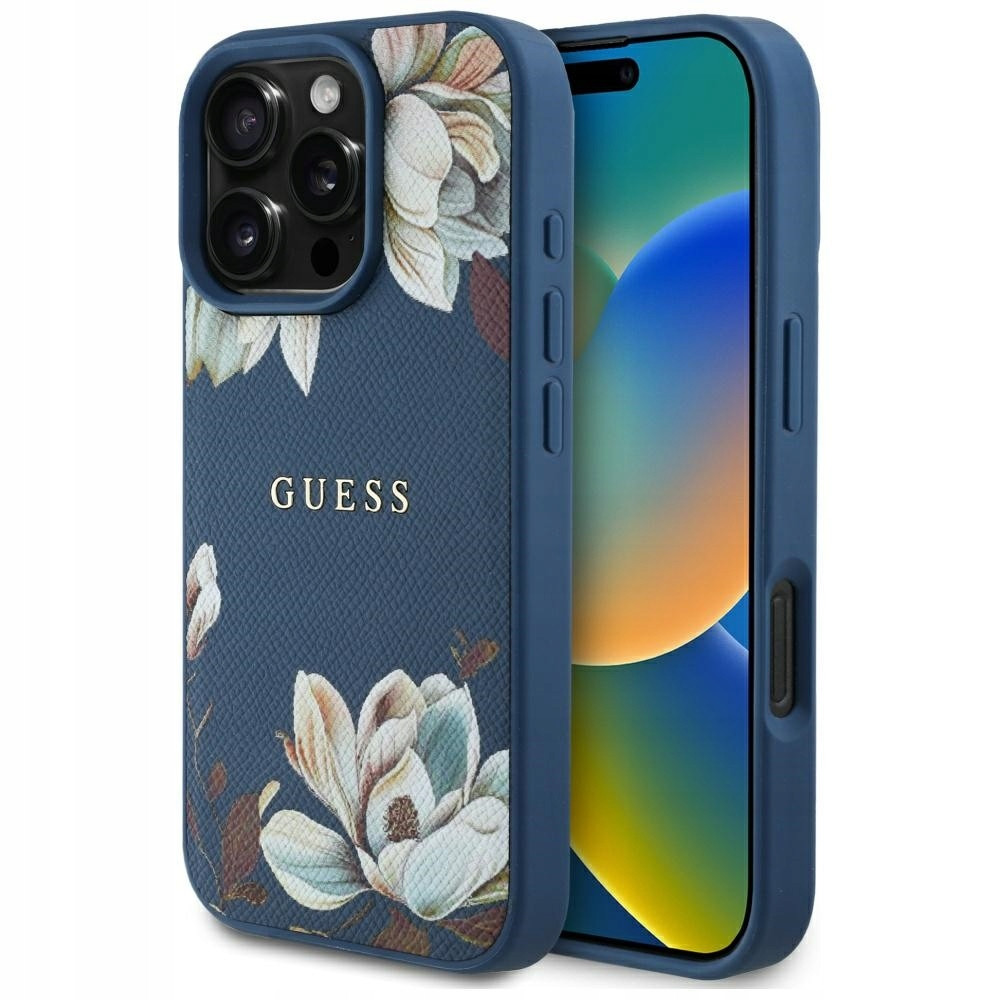 Guess Flower MagSafe pouzdro s květy Kožené kryt pro iPhone 16 Pro Max