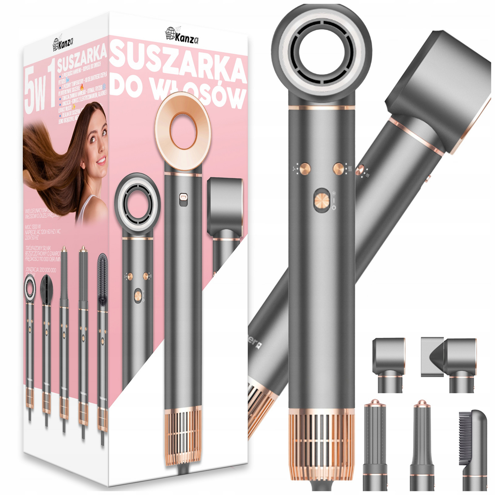 Výkonný Fén Kulma Na Vlasy 5V1 3 Rychlost 1300W S Ionizací Regulace