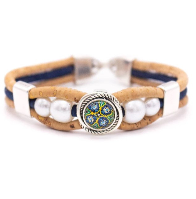 Korkový náramek - Modrý s ozdobou