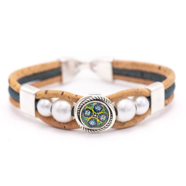 Korkový náramek - Šedý s ozdobou