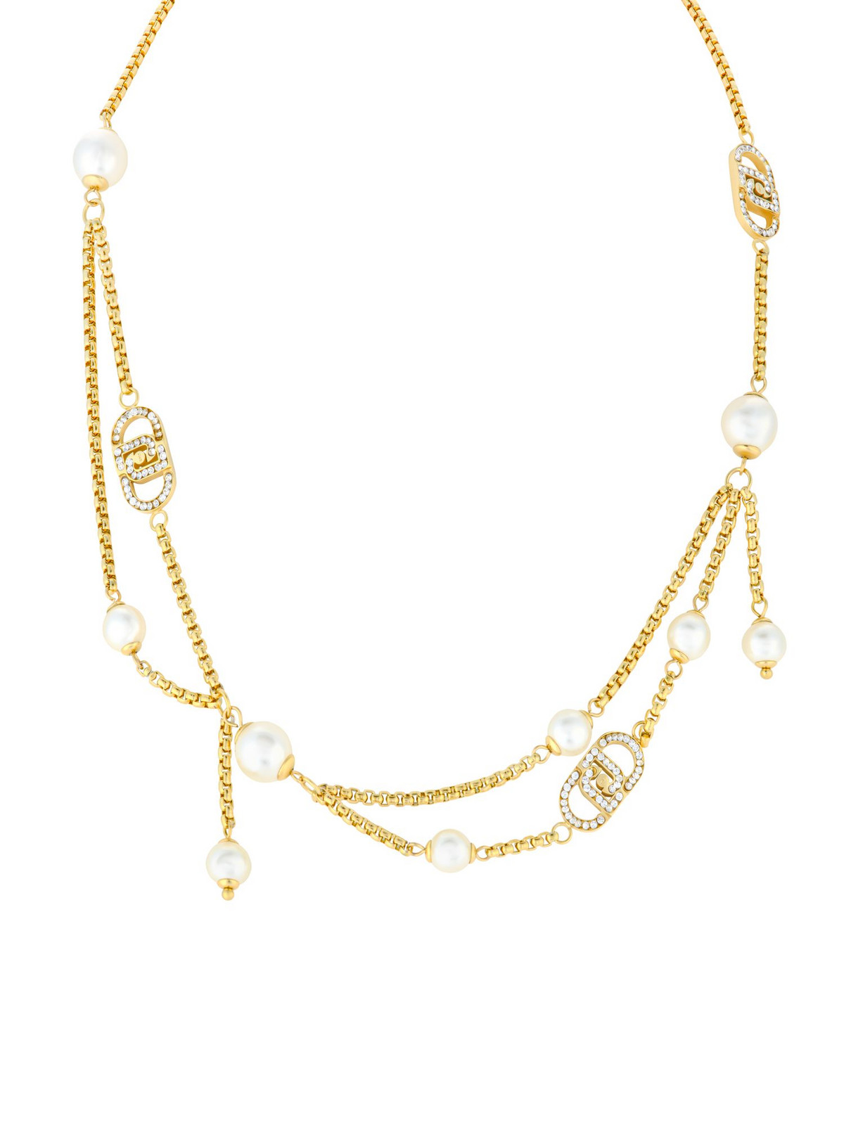 Liu Jo Designový pozlacený náhrdelník s krystaly a syntetickými perlami LJ2917