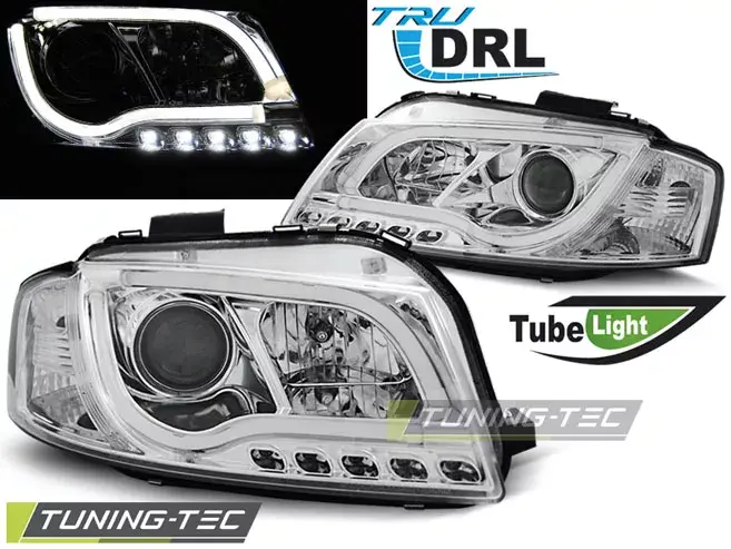 PŘEDNÍ SVĚTLA TUBE LIGHT DRL CHROME pasuje na AUDI A3 8P 05.03-03.08