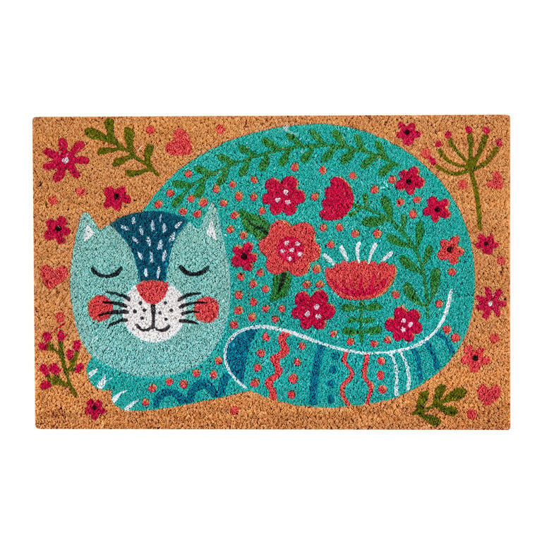 Kokosová rohožka KOČKA S KVĚTINAMI 40 x 60 cm