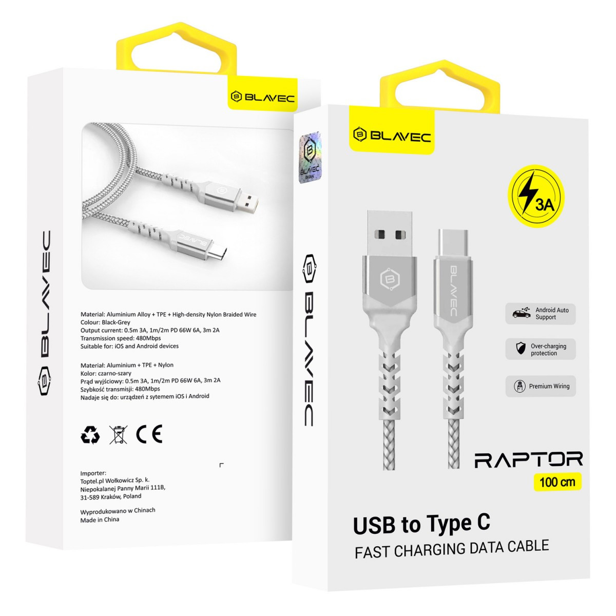 Datový kabel Blavec Raptor Braided USB-A - USB-C 3A 1m Apple CarPlay-Android Auto (CRA-UC3WS10) bílo-stříbrný