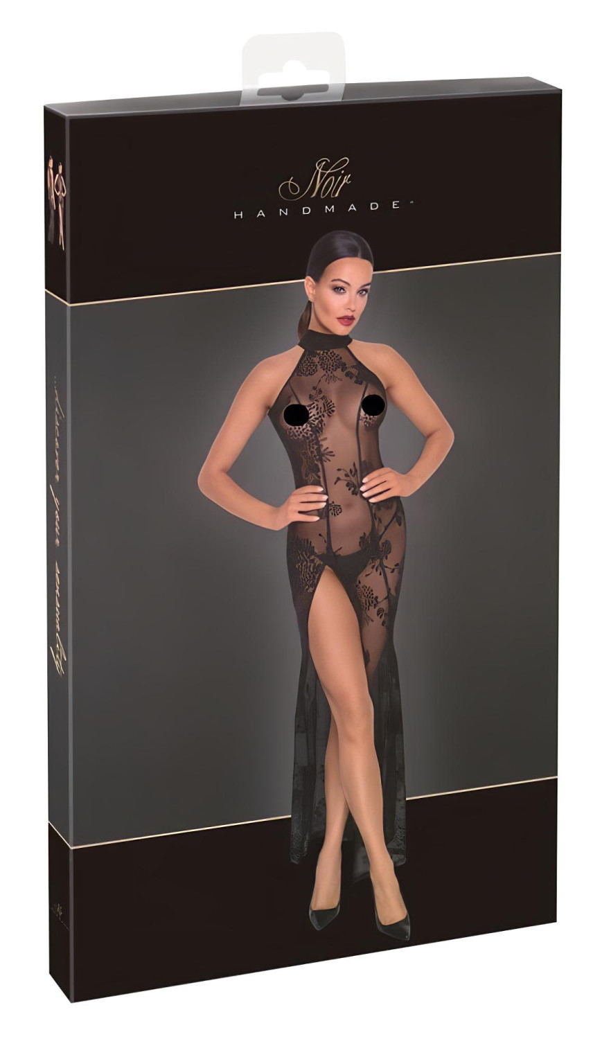 Noir - průsvitné květované dlouhé šaty (černé) - XL