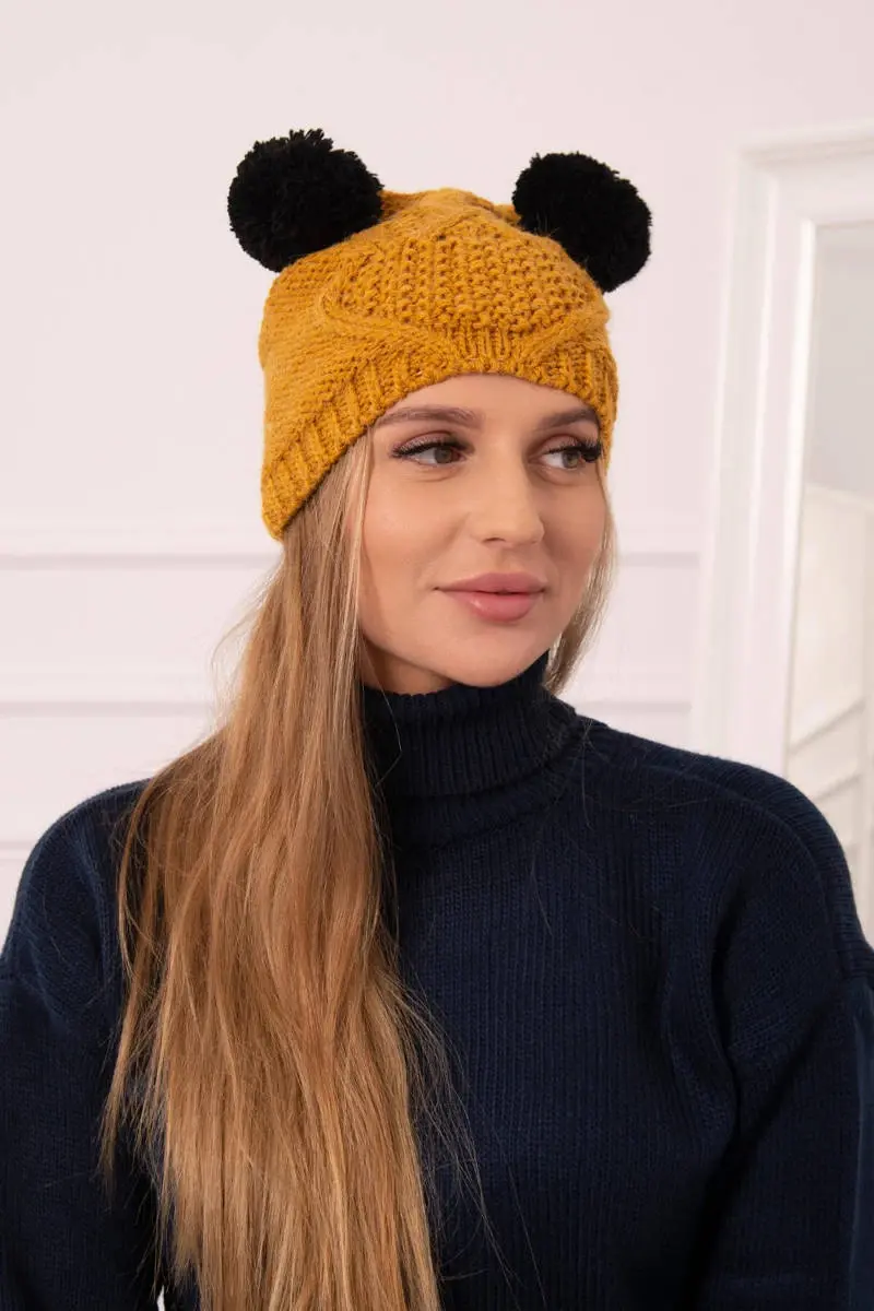 marka niezdefiniowana Fleecová čepice 2 bambulky K291 hořčice