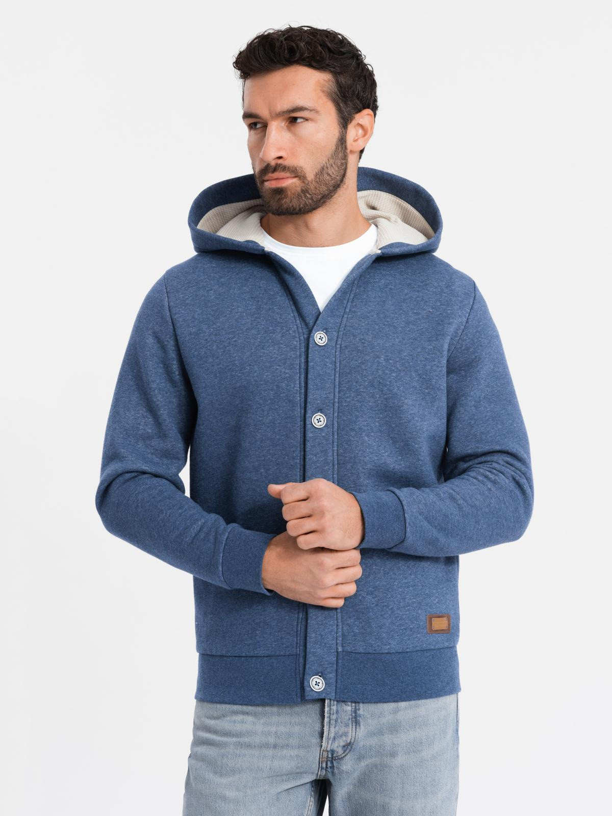 Ombre Men's button-down hooded sweatshirt - navy blue melange