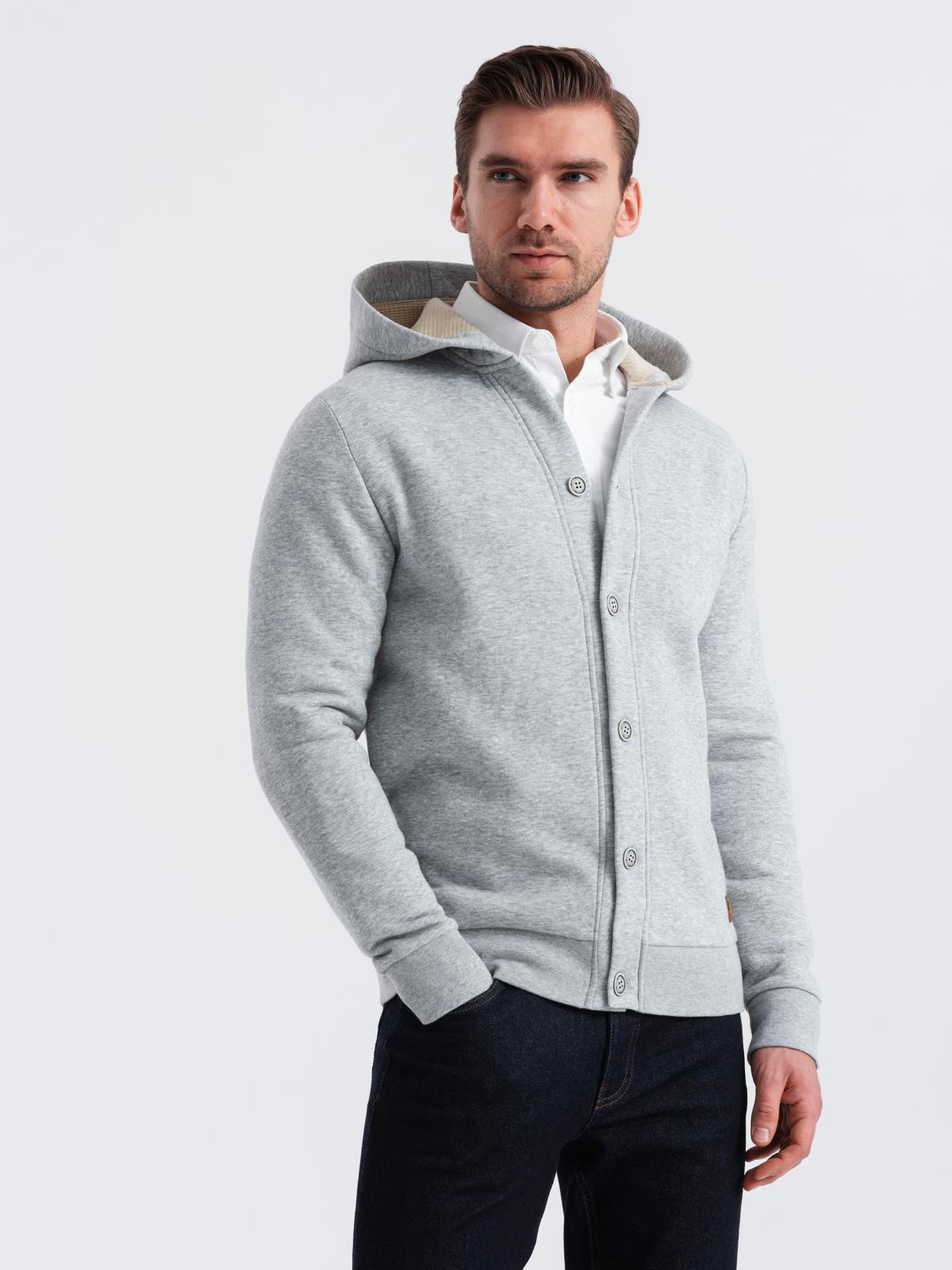 Ombre Men's button-down hooded sweatshirt - grey melange