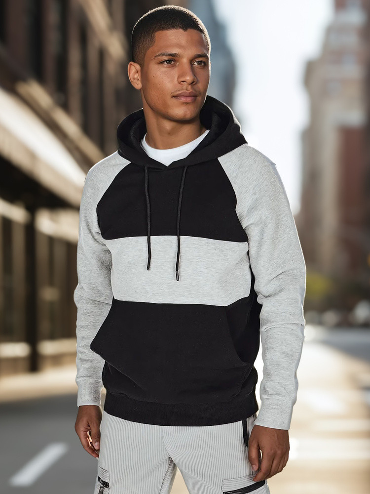 Bluza męska basic z kapturem w szaro-czarne paski Dstreet