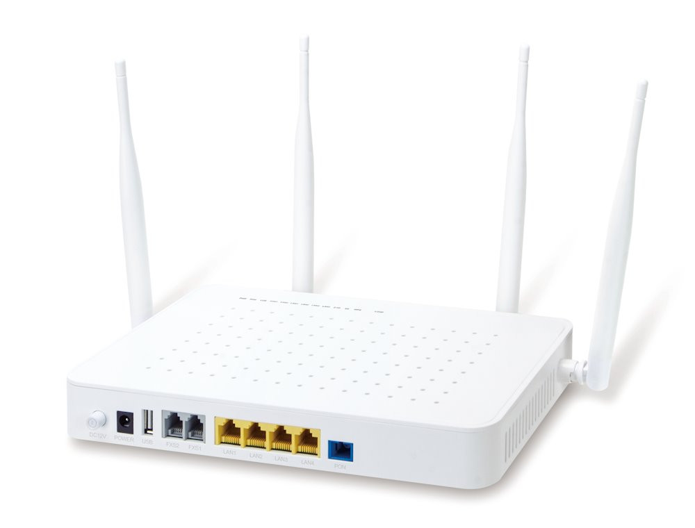 Planet GPON/GEPON ONU, 2.5G GPON (SC/UPC), 4x 1Gb RJ-45, Wi-Fi 802.11ac 1.2Gb, 2x FXS (RJ-11), USB, GPN-400ACV