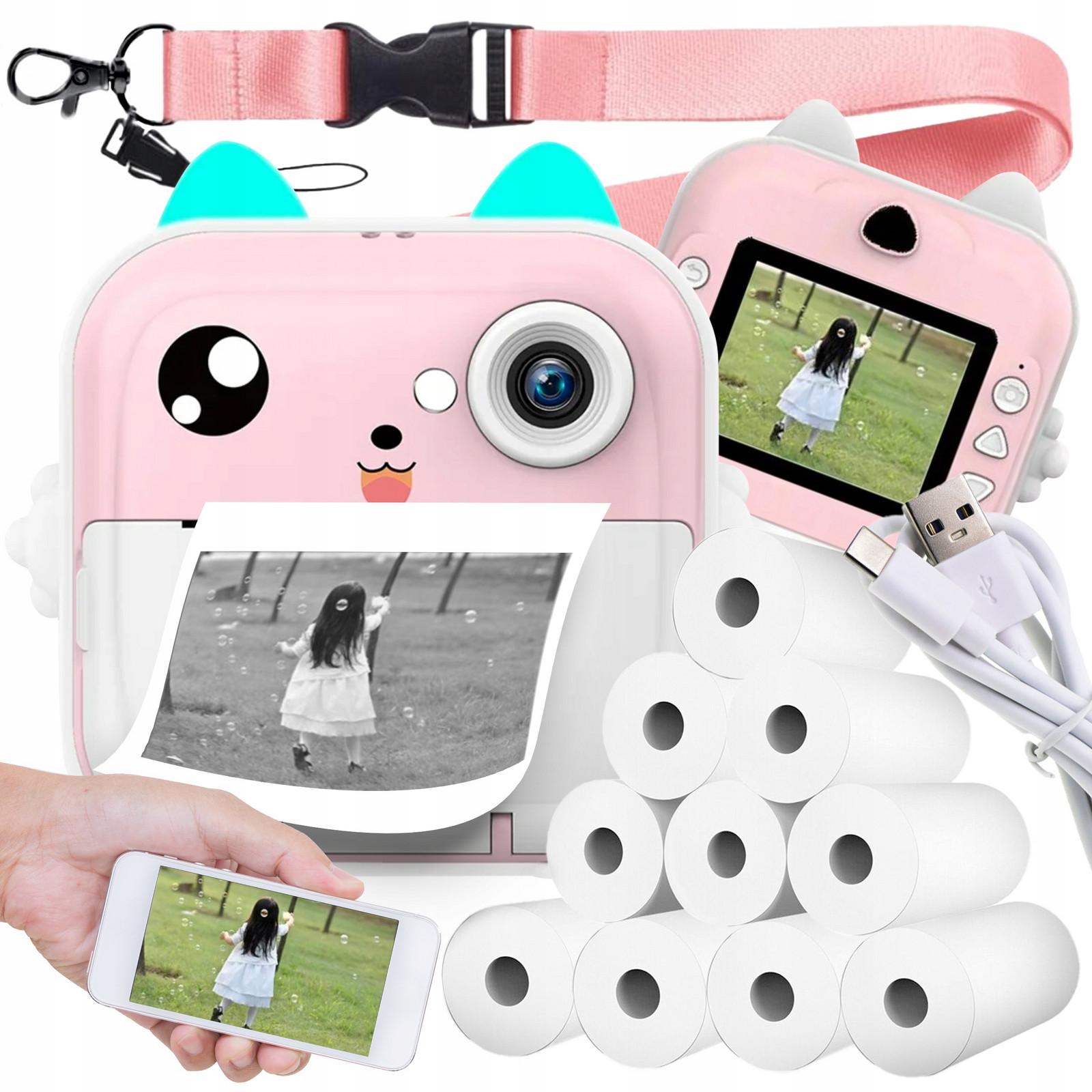 Termotiskárna mini tiskárna pro děti, instantní fotoaparát 11 rolí