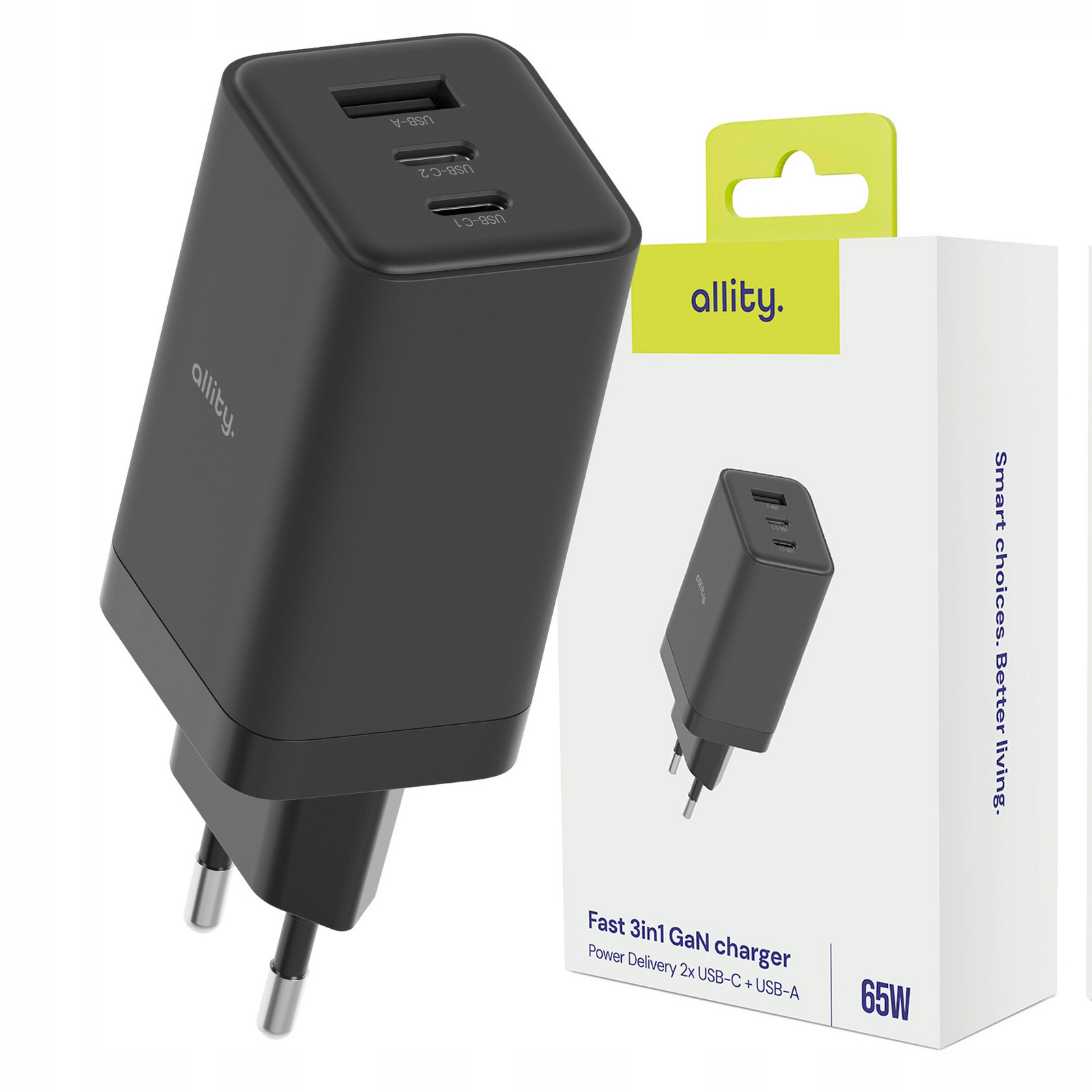 Allity síťová nabíječka Usb-c x2 Usb GaN Pd Qc rychlá kostka napájecí adaptér