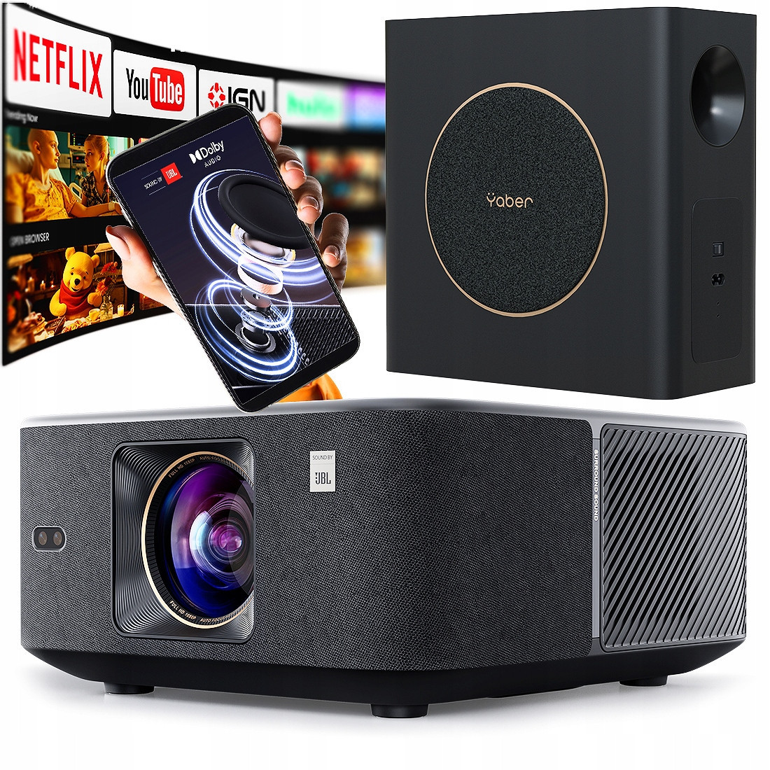 LCD kinofilmový projektor WiFi6 Bt 1080p 1600 Ansi Yaber K3 Pro +subwoofer Jbl