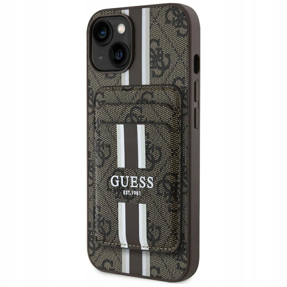 Pouzdro Guess 4G Stripes s peněženkou Magsafe pro iPhone 15 hnědé
