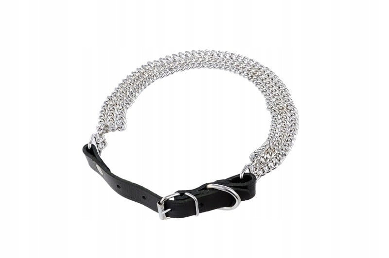 Obojek Kůže Řetěz trojitý 58-66cm Stříbrný