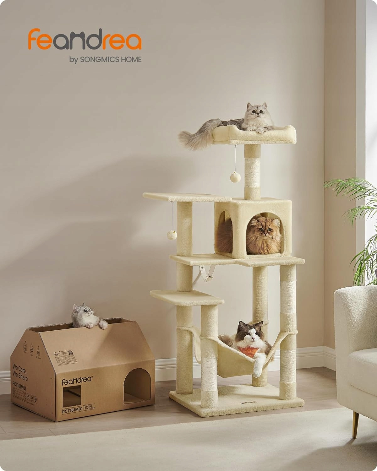 Škrabadlo, vícevrstvý domeček pro kočky, výška 143 cm, se 4 škrabadly