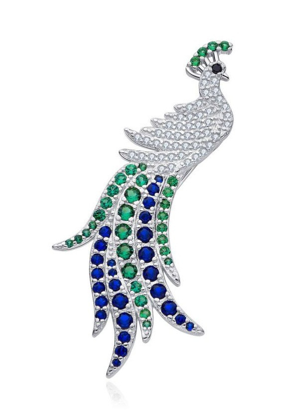 MOISS Oslnivá stříbrná brož Páv se zirkony O0000012