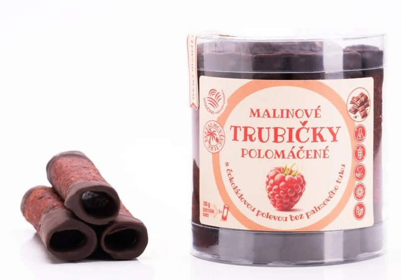 B.Produkt B. Produkt Malinové trubičky polomáčené s čokoládovou polevou bez palmového tuku 18ks 220 g