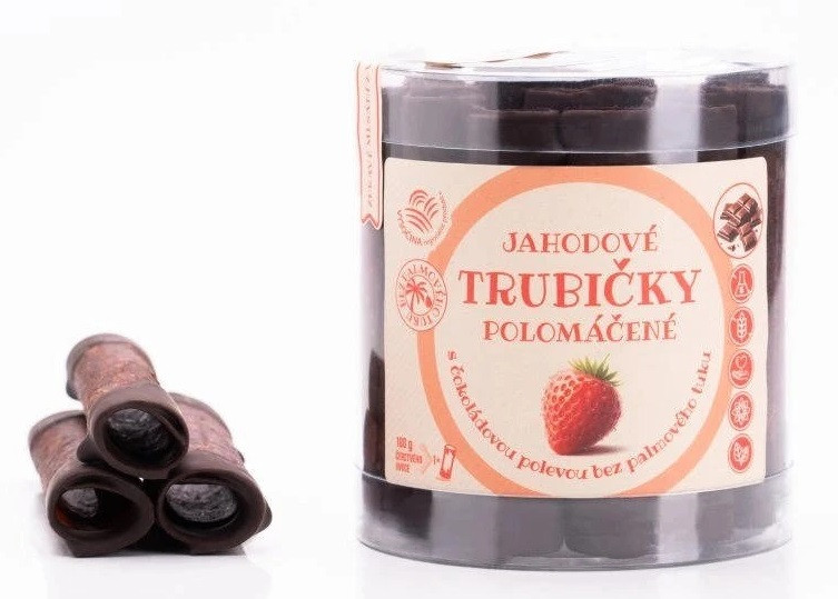 B.Produkt B. Produkt Jahodové trubičky polomáčené s čokoládovou polevou bez palmového tuku 18ks 220 g