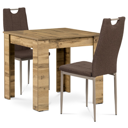 Jídelní set 1+2, stůl 80x80 cm, MDF dub wotan, židle hnědá látka, cappuc. lak