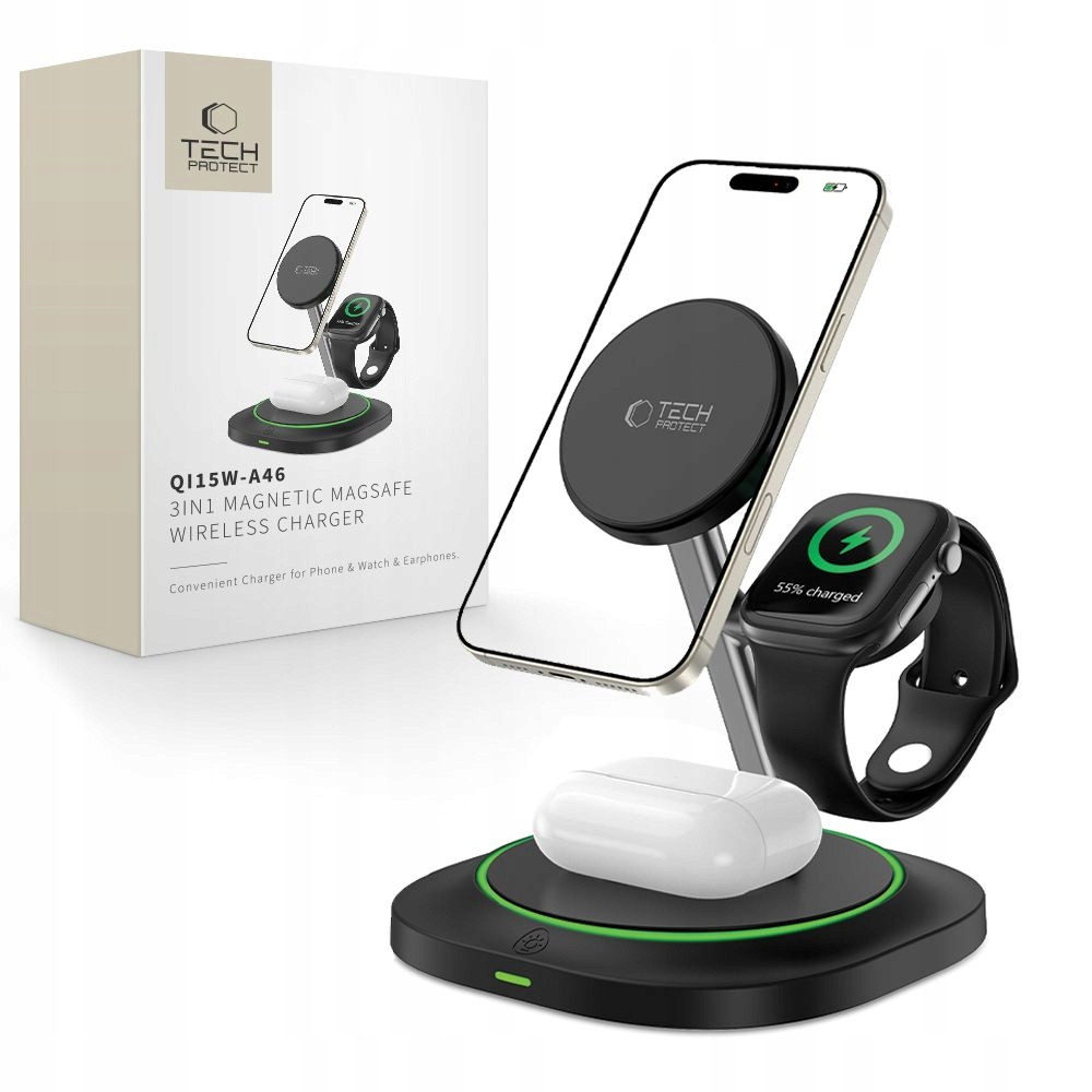 Bezdrátová Nabíječka Telefonu, Sluchátka Tech-protect 3V1 Černá
