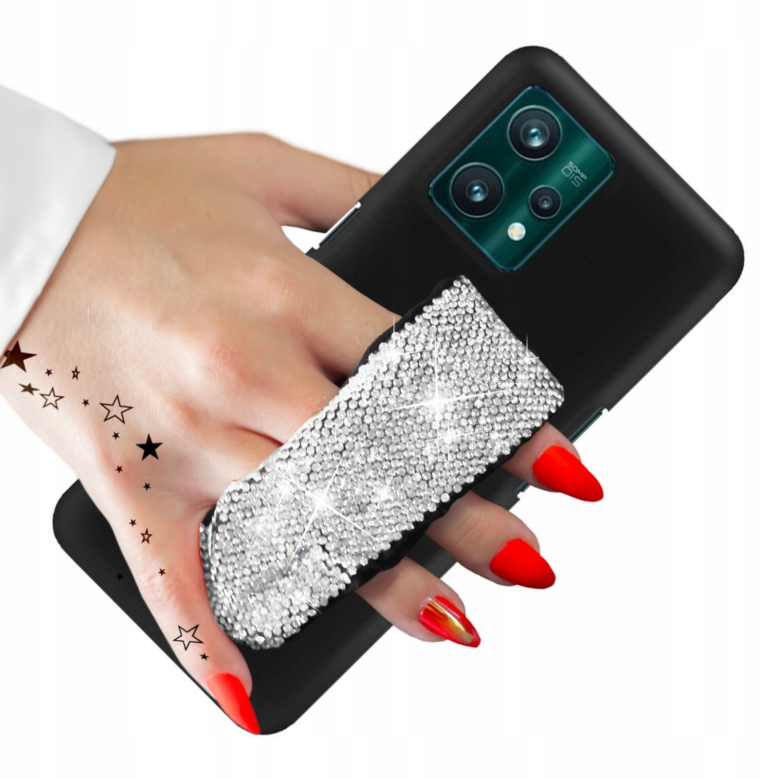 Pouzdro Pro Realme 9 Pro Plus Matné Černé Kryt Řemínek Stříbrné Zirkony